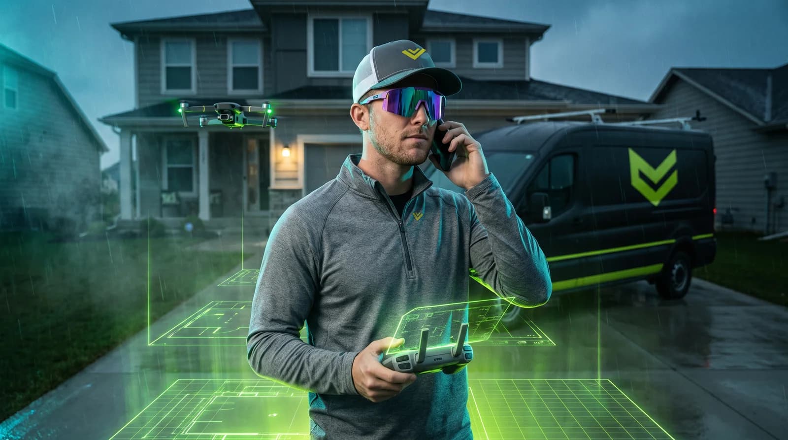 Home services owner flying a drone roof inspection while taking a call, his wrapped van behind him