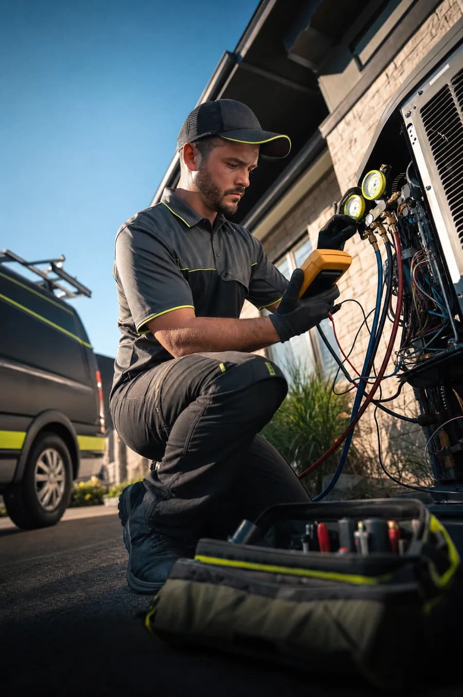 HVAC technician servicing an outdoor AC condenser with manifold gauges