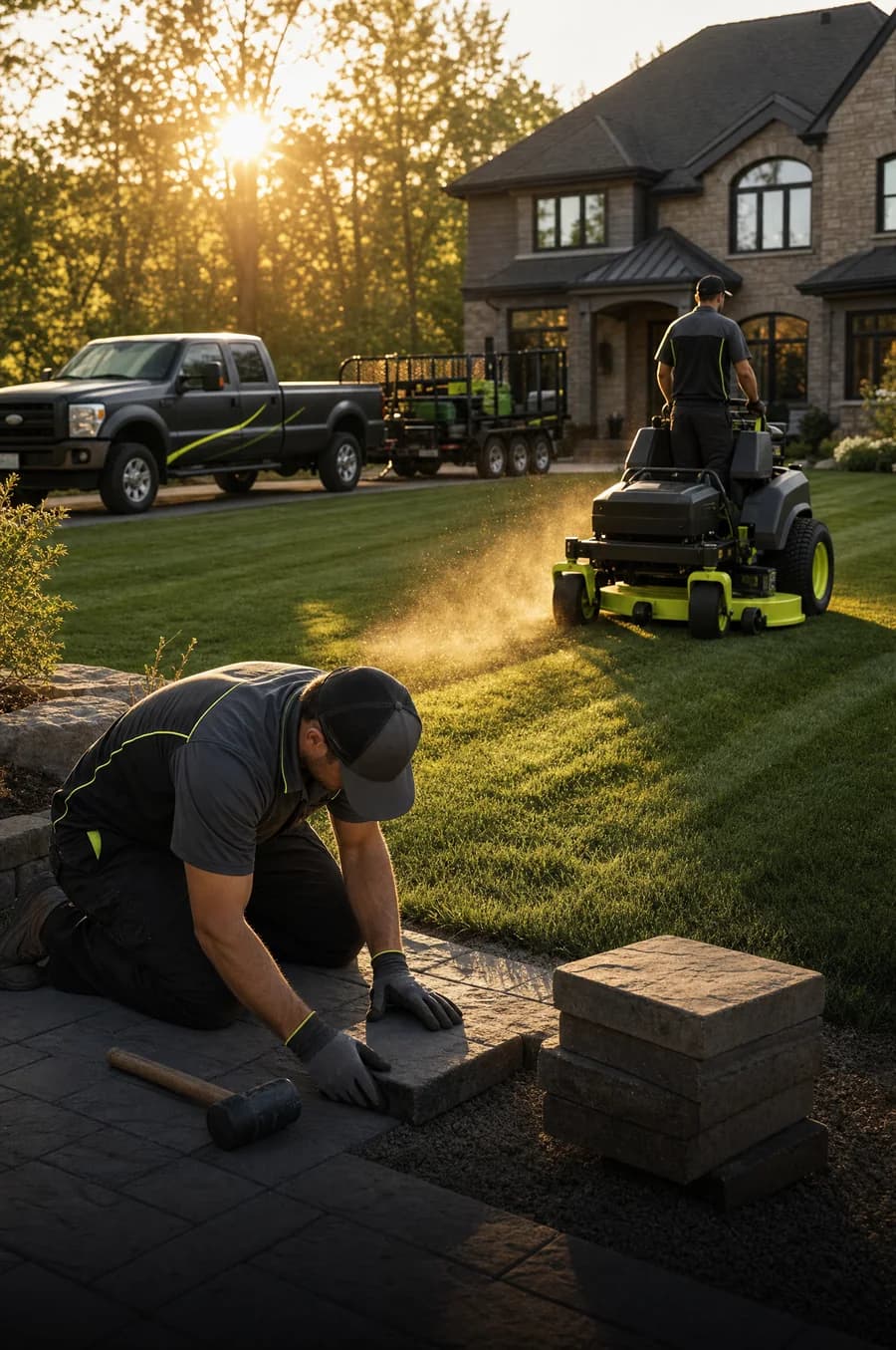 Landscaping crew laying a paver patio while a mower stripes the lawn at golden hour