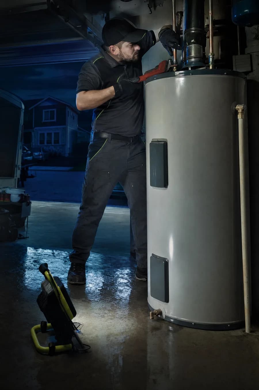 Plumber replacing a failed residential water heater on an emergency night call