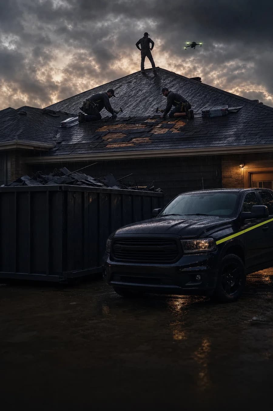 Roofing crew replacing storm-damaged shingles at dusk, drone inspecting the roof